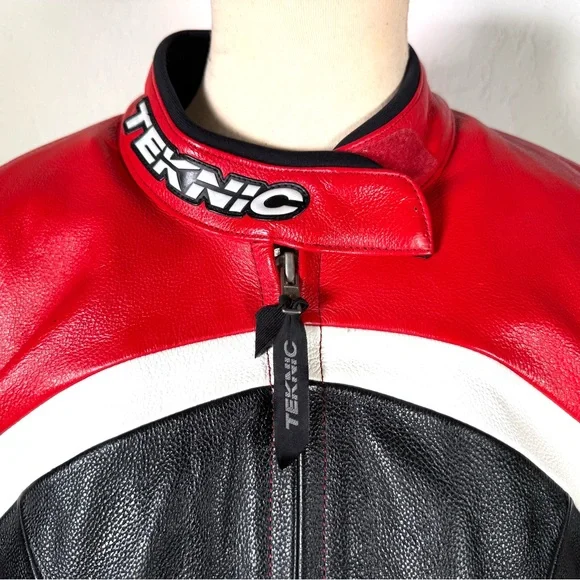 Women’Red & Black Teknic Leather Motorcycle Jacket with Removable Quilted Liner. - Picture 5 of 16